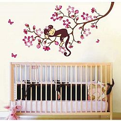 A Sleeping Baby Monkey on Cherry Blossom Tree Branch Nursery Wall Decor Baby Girl's Bedroom Wall Decal Kid's Room Sticker Removable Pink Baby Monkey Decal by walldecorer