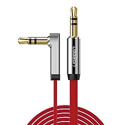 UGREEN Slim Thin 3.5mm Audio Stereo Cable Cord Male to Male Auxiliary Cable Flat 90 Degree Right Angle Aux Cable Compatible for iPhone, iPad or Smartphones, Tablets, Media Players (Red, 10ft)