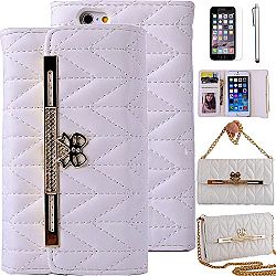 iPhone 6 Plus Wallet Case, Luxury Bling Crystal Rhinestone Wallet Case, EC™ Premium Purse Handbag PU Leather Case Cover, Flip Folio Pouch With Credit ID Card Holder Slots/ Money Pockets with Metal Chain for iPhone 6 Plus (White)