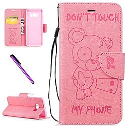 Samsung S8 Case, ISADENSER PU Leather Shockproof Don't Touch My Phone Design Cute Bear Embossed Magnetic Closure Book Style Wallet Case Cover for Samsung Galaxy S8, Pink Bear