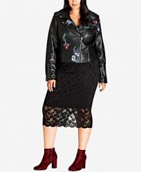 City Chic Trendy Plus Size Embroidered Floral Faux-Leather Moto Jacket