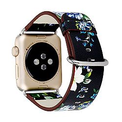 Rykimte Apple Watch Band Flower Leather iwatch Band Strap Colorful iWatch Wristband Rainbow Bracelet with Metal Adapter for Apple Watch iwatch ( Flower black B 42mm )