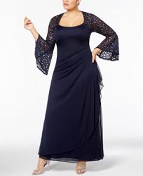 Xscape Plus Size Ruched Lace Bell-Sleeve Gown