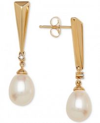 Cultured Freshwater Pearl (9 x 7mm) & Diamond Accent Drop Earrings in 14k Gold