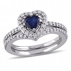 Tangelo 0.60 Carat T. G. W. Diffused Sapphire And 0.50 Carat T. W. Diamond 10 K White Gold Heart Halo Interlocking Bridal S Blue