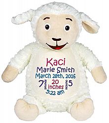 Personalized Stuffed Fluffy White Lamb with Embroidered Baby Block in Hot Pink, Purple, and Teal