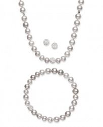 Sterling Silver Jewelry Set, Cultured Freshwater Pearl (7-7-1/2mm) and Crystal (8mm) Necklace, Bracelet and Earrings Set
