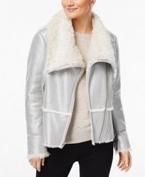 I. n. c. Petite Faux-Suede Aviator Jacket with Faux-Fur Trim, Created for Macy's
