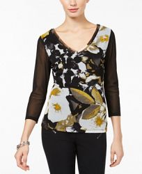 I. n. c. Petite Printed Illusion-Sleeve Top, Created for Macy's
