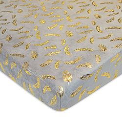 American Baby Company Chenille Fitted Portable Sheet, Sparkle Gold Feather on Solid Grey, Mini Crib
