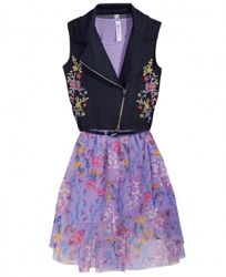 Beautees 2-Pc. Embroidered Moto Vest & Floral-Print Dress Set, Big Girls
