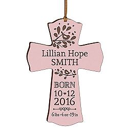 Personalized New Baby birth shower announcement gift ideas for newborn boys and girls Custom engraved wall cross ornament for new mom and dad and grandparents (Pink)