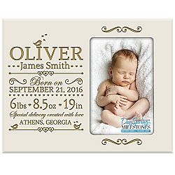 Personalized New Baby birth announcement picture frame for newborn boys and girls Custom engraved photo frame for new mom and dad parents and grandparents (Ivory)