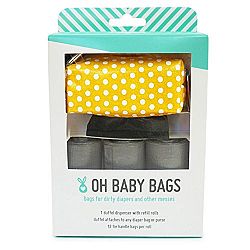 Oh Baby Bags Diaper Bag Clip-On Dispenser Gift Box with Disposable Bags for Dirty Diapers - Recycled Plastic - Yellow Dot Duffle plus 48 Gray Unscented Bags