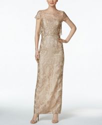 Adrianna Papell Petite Embroidered Mesh Popover Gown
