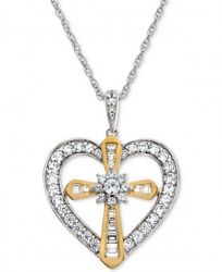 Lab-Created White Sapphire Heart & Cross Pendant Necklace (5/8 ct. t. w. ) in 14K Gold Plated over Sterling Silver