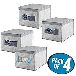 mDesign Soft Stackable Fabric Closet Storage Organizer Holder Box - Clear Window, Attached Hinged Lid, for Child/Baby Room, Nursery, Playroom - Textured Print - Large, Pack of 4, Gray