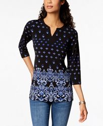 Charter Club 3/4-Sleeve Printed Split-Neck Top, Created for Macy's