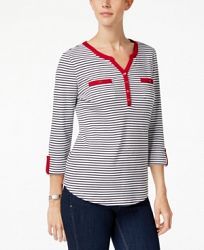 Karen Scott Petite Cotton Striped Henley Top, Created for Macy's