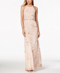 Adrianna Papell Embroidered Open-Back Halter Gown