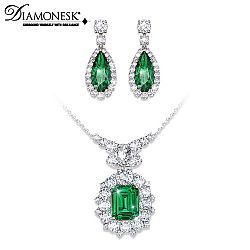 Hollywood Romance Diamonesk Simulated Emerald And Diamonds Necklace & Earrings Set