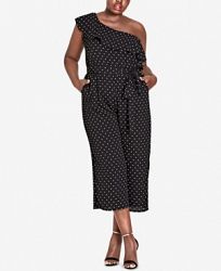 City Chic Trendy Plus Size Polka-Dot One-Shoulder Jumpsuit