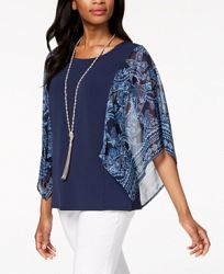 Jm Collection Petite Printed-Sleeve Poncho Necklace Top, Created for Macy's