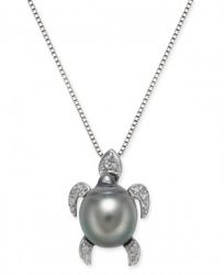 Cultured Tahitian Black Pearl (10mm) & Diamond (1/10 ct. t. w. ) Turtle 18" Pendant Necklace in Sterling Silver