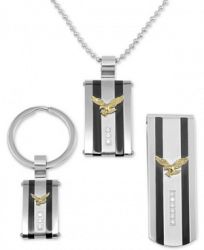 Men's 3-Pc. Set Cubic Zirconia Striped Eagle Dog Tag Pendant Necklace, Key Chain & Money Clip in Stainless Steel
