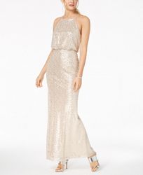 Adrianna Papell Sequined Blouson Halter Gown