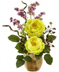 Nearly Natural Large Rose and Dancing Daisy Artificial Arrangement in Wooden Pot