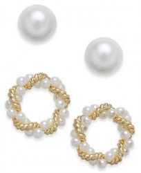 Charter Club Gold-Tone 2-Pc. Set Imitation Pearl & Twisted Wreath Stud Earrings, Created for Macy's