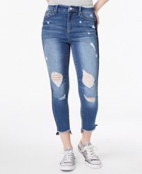 Tinseltown Juniors' Ripped Varsity-Stripe Ankle Skinny Jeans