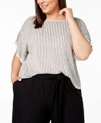 Eileen Fisher Plus Size Organic Linen Striped Short-Sleeve Sweater