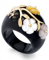 Jade or Onyx and Multicolored Mother of Pearl (8mm) Flower Ring in 14k Gold over Sterling Silver