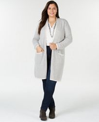 Charter Club Plus Size Cashmere Border-Stripe Cardigan, Created for Macy's