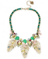 Betsey Johnson Gold-Tone Multi-Stone Flower & Leaf Ribbon-Laced Statement Necklace, 15-1/2" + 3" extender
