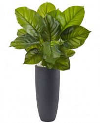 Nearly Natural Large Leaf Philodendron Artificial Plant in Gray Cylindrical Planter
