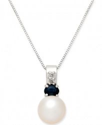 Cultured Freshwater Pearl (7mm), Sapphire (1/3 ct. t. w. ) & Diamond Accent 18" Pendant Necklace in 14k White Gold