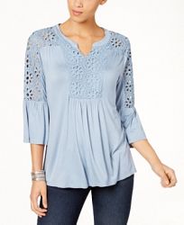 Style & Co Petite Crochet-Trim Bell-Sleeve Top, Created for Macy's