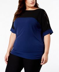 Jm Collection Plus Size Colorblock Lattice-Sleeve Top, Created for Macy's