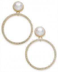 I. n. c. Large Gold-Tone Pave & Imitation Pearl Drop Hoop Earrings, Created for Macy's