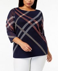 Charter Club Plus Size Printed Sheer-Sleeve Top, Created for Macy's