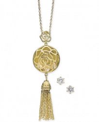 Charter Club Gold-Tone Crystal Openwork Circle and Chain Tassel Pendant Necklace & Stud Earrings Set, 15" + 3" extender, Created for Macy's