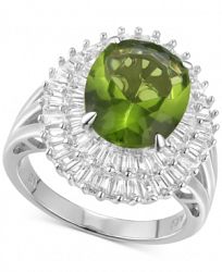 Cubic Zirconia Simulated Peridot Baguette Statement Ring in Sterling Silver