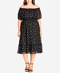 City Chic Trendy Plus Size Printed Off-The-Shoulder Dress