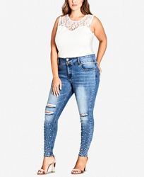 City Chic Trendy Plus Size Pearl-Embellished Distressed Skinny Jeans