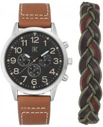I. n. c. Men's Luggage Brown Faux Leather Strap Watch 45mm Gift Set, Created for Macy's