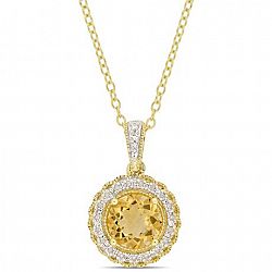 Tangelo 1-1/4 Carat T. G. W. Citrine And 1/10 Carat T. W. Diamond Yellow Rhodium-Plated Sterling Silver Halo Pendant, 18" Yellow None