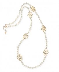 Charter Club Gold-Tone Openwork Flower & Imitation Pearl Station Necklace, 42" + 2" extender, Created for Macy's